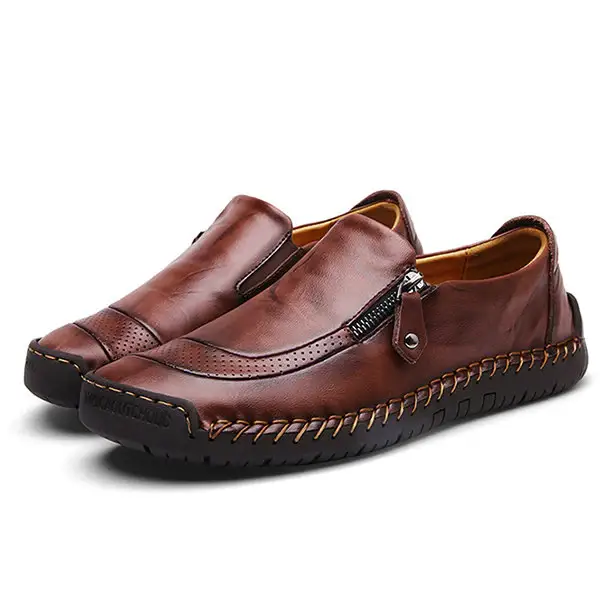 Men Hand Stitching Zipper Slip-ons Leather Shoes