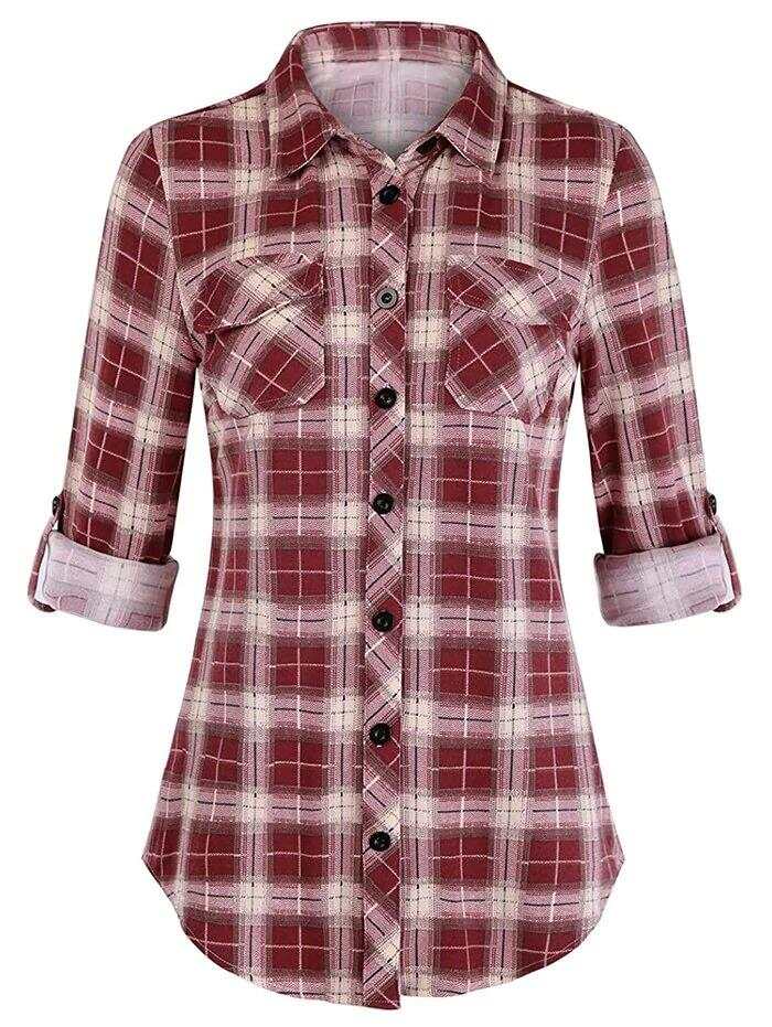 Women Plus Size Plaid Sleeve Shirt