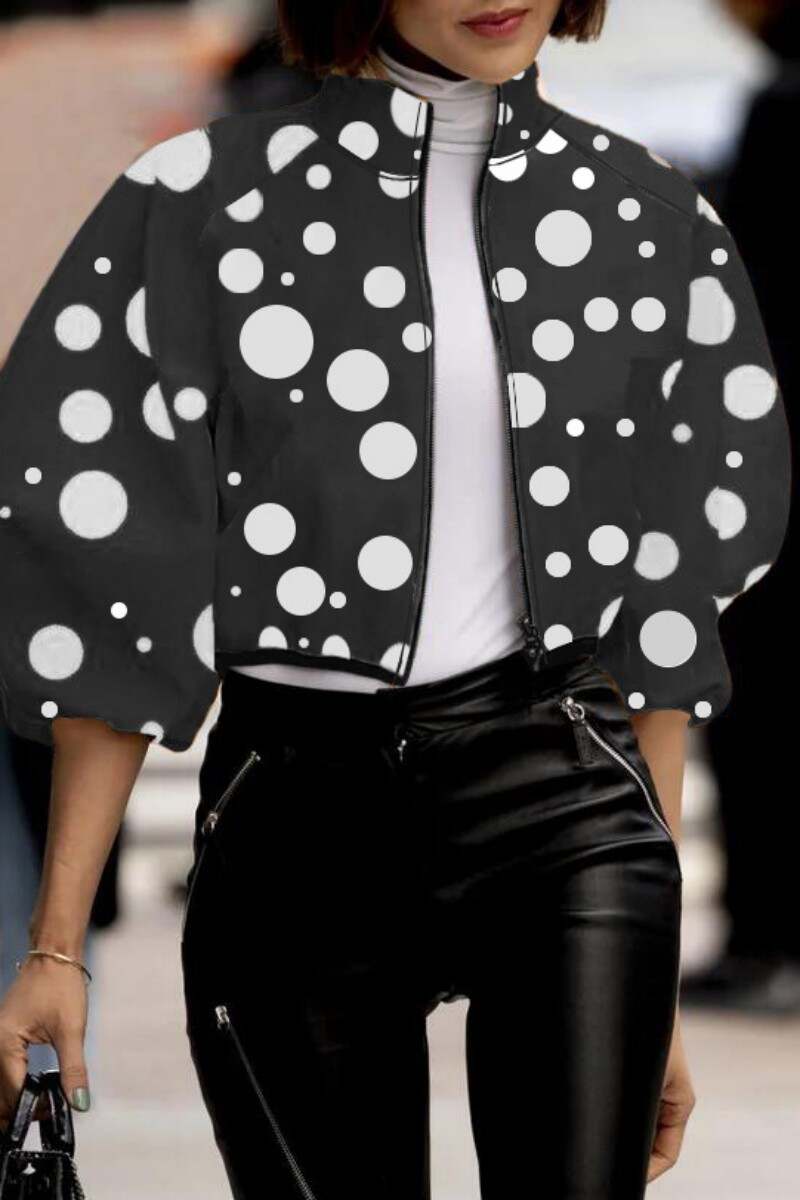 Black Casual Print Patchwork Mandarin Collar Outerwear