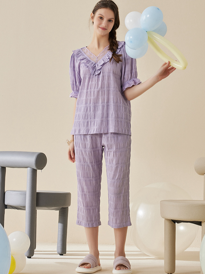 Plain Loose Simple Cotton Short Sleeve Pajama Set