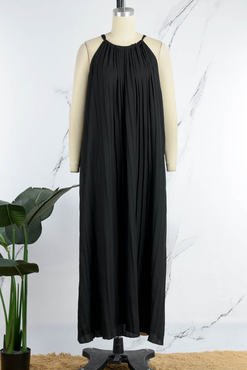 Black Casual Solid Frenulum Pleated O Neck Long Dress Dresses