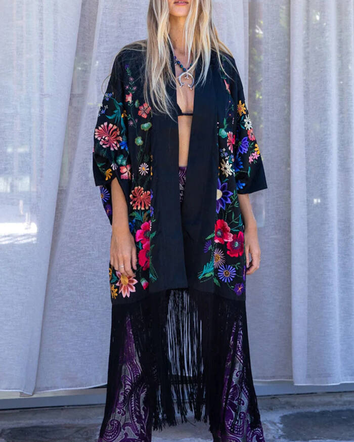 embroidered kimono fringed cardigan