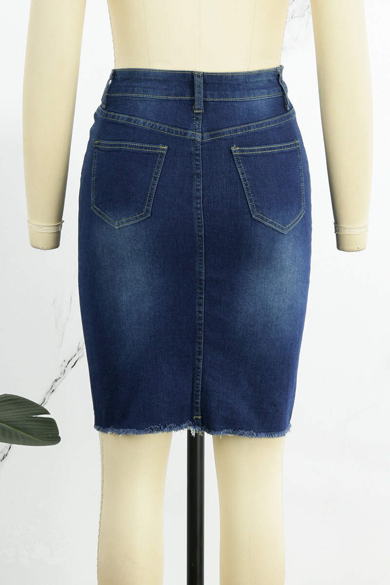 Dark Blue Casual Patchwork Pearl High Waist Regular Denim Skirts