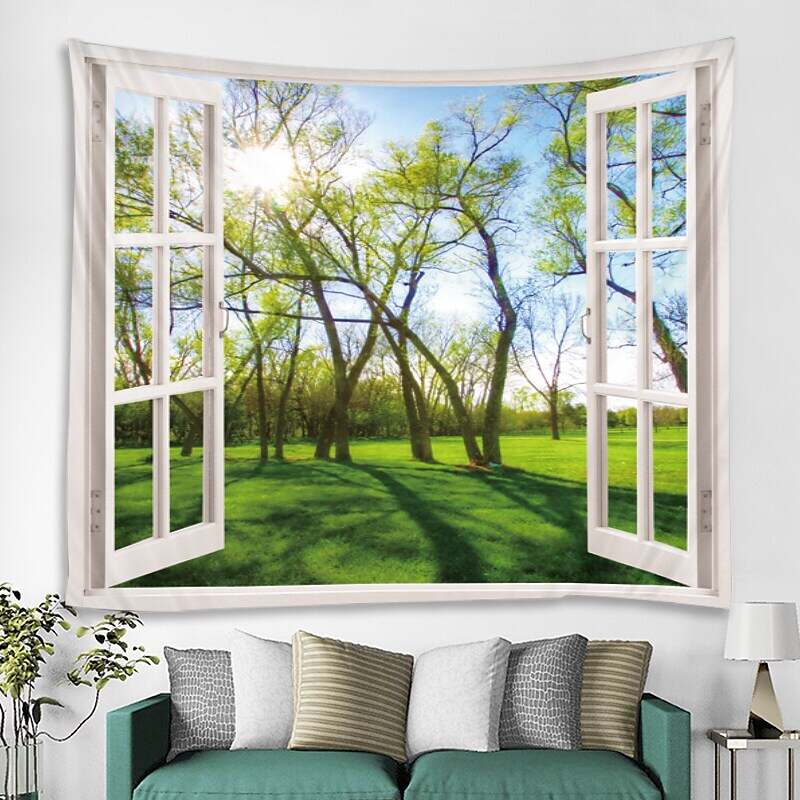 Window Landscape Wall Tapestry Art Decor Forest Flower Field