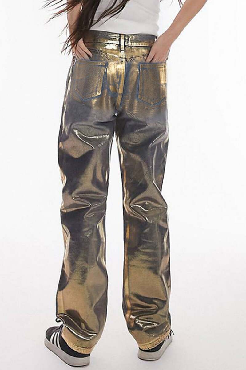 Gold Casual Bronzing Patchwork Mid Waist Straight Denim Jeans