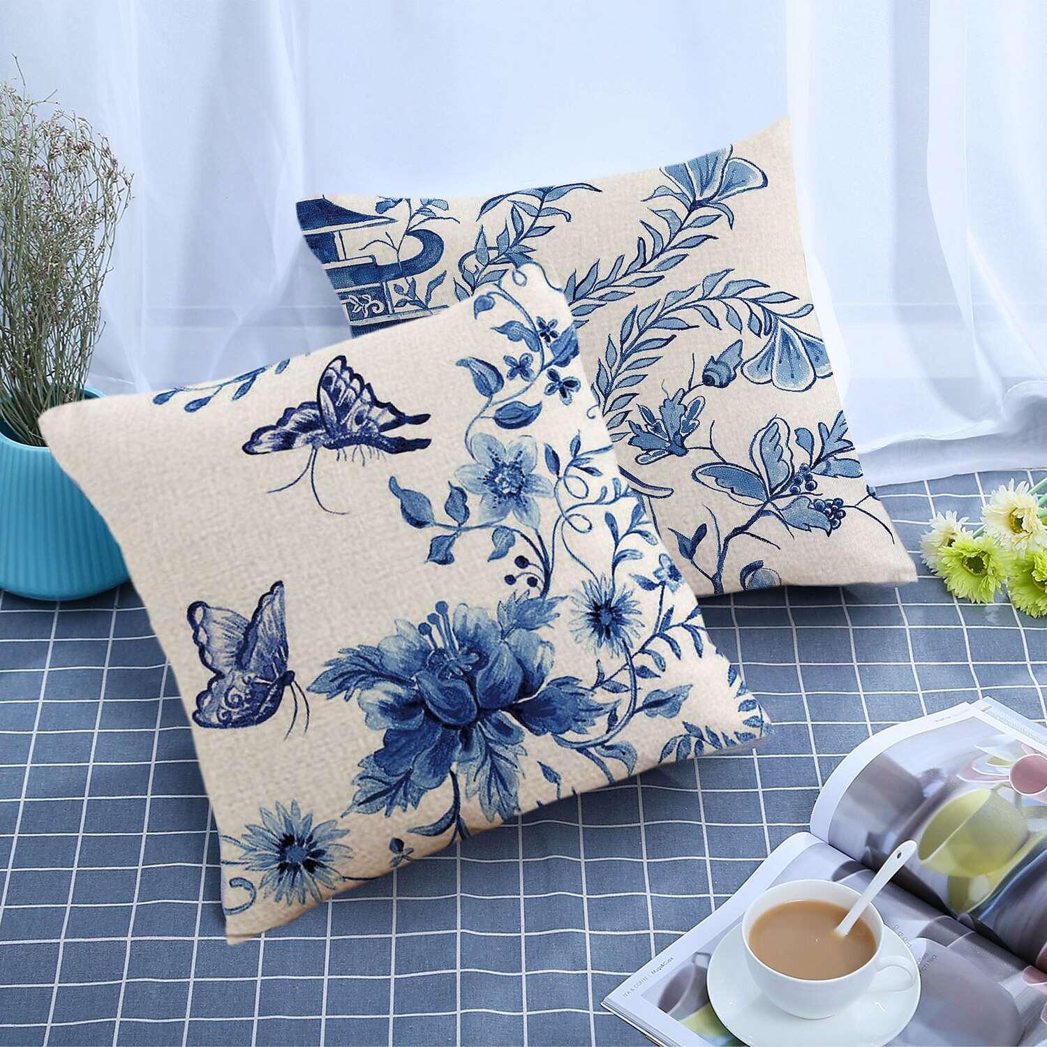 Blue And White Porcelain Flowers Cushion Cover 4PCS Soft Decorative Square Throw Pillow Cover Cushion Case Faux Linen Pillowcase for Sofa Bedroom Superior Quality Mashine Washable