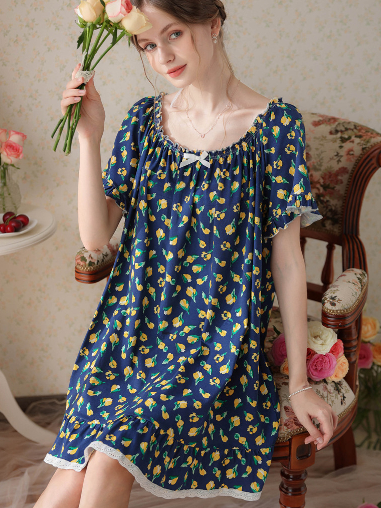 Simple Plain Cotton Floral Others Nightdress