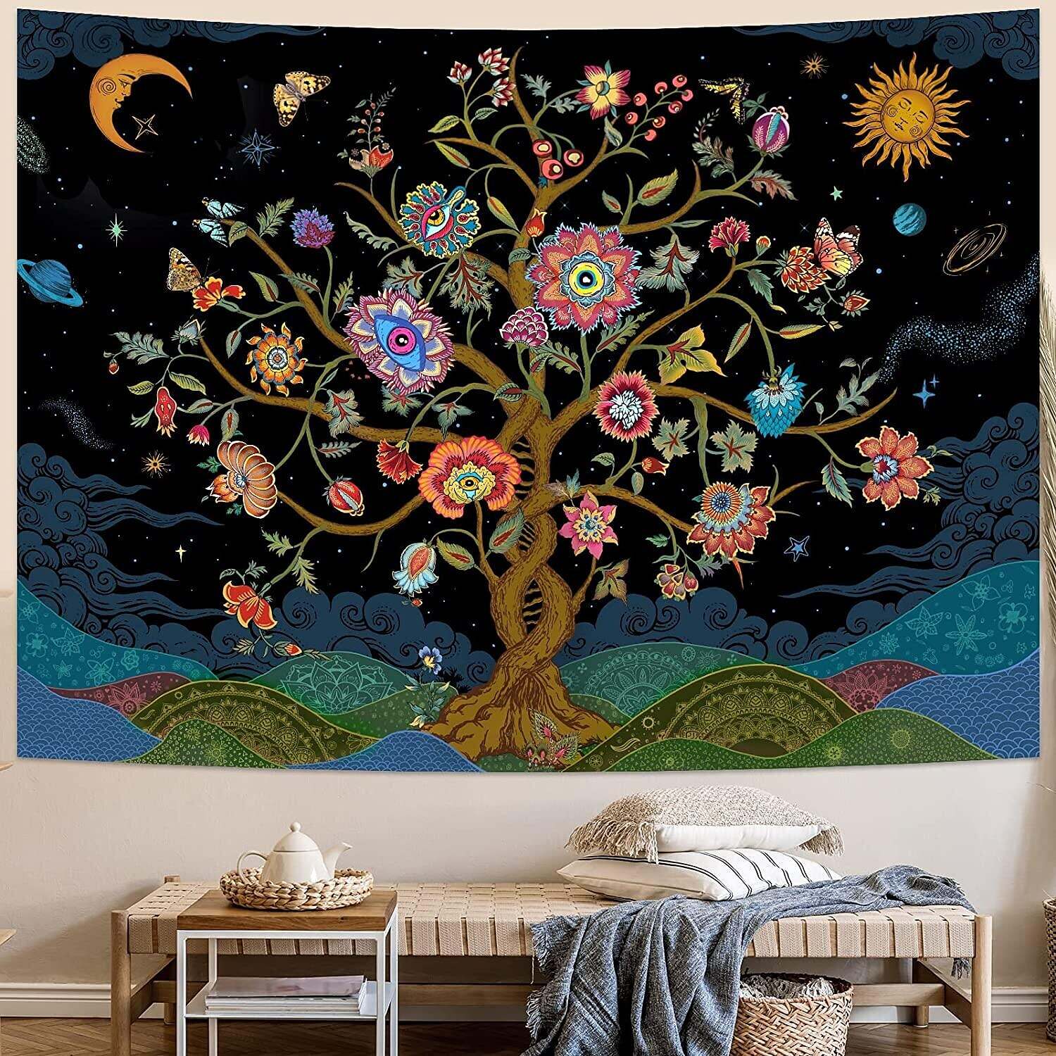 Tree of Life Tapestry Trippy Sun Moon Tapestry