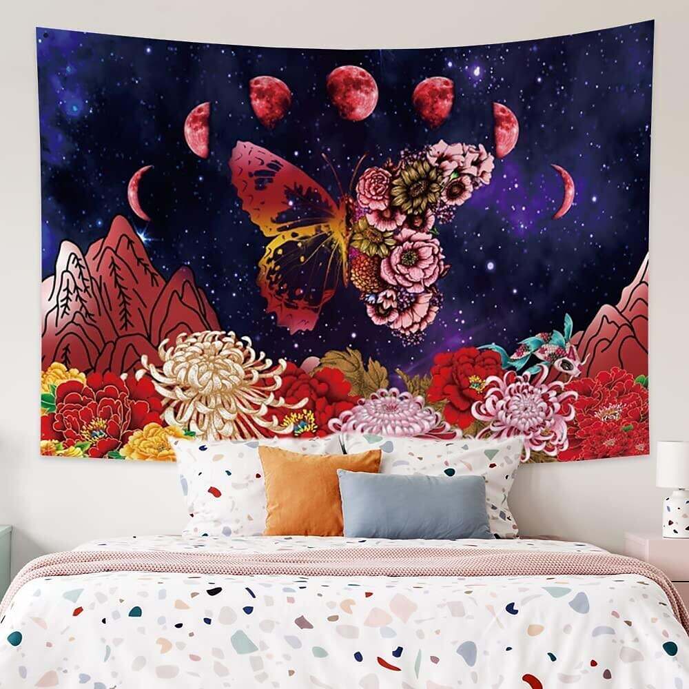 Trippy Wall Tapestry Art Decor Moon Phase Butterfly Flower Wall Hanging