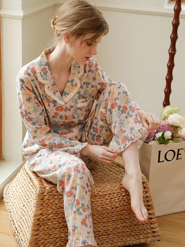 Casual Floral Regular Fit Cotton Simple Long Sleeve Pajama Set