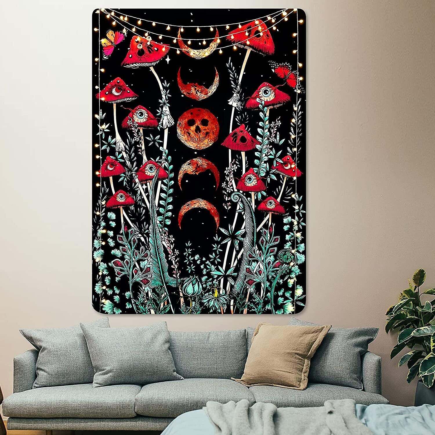 Trippy Mushroom Wall Tapestry Art Decor Moon Phase Plant