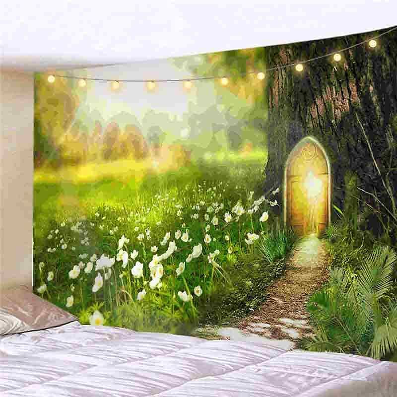 Landscape LED Lights Wall Tapestry Art Decor Forest Tree Print