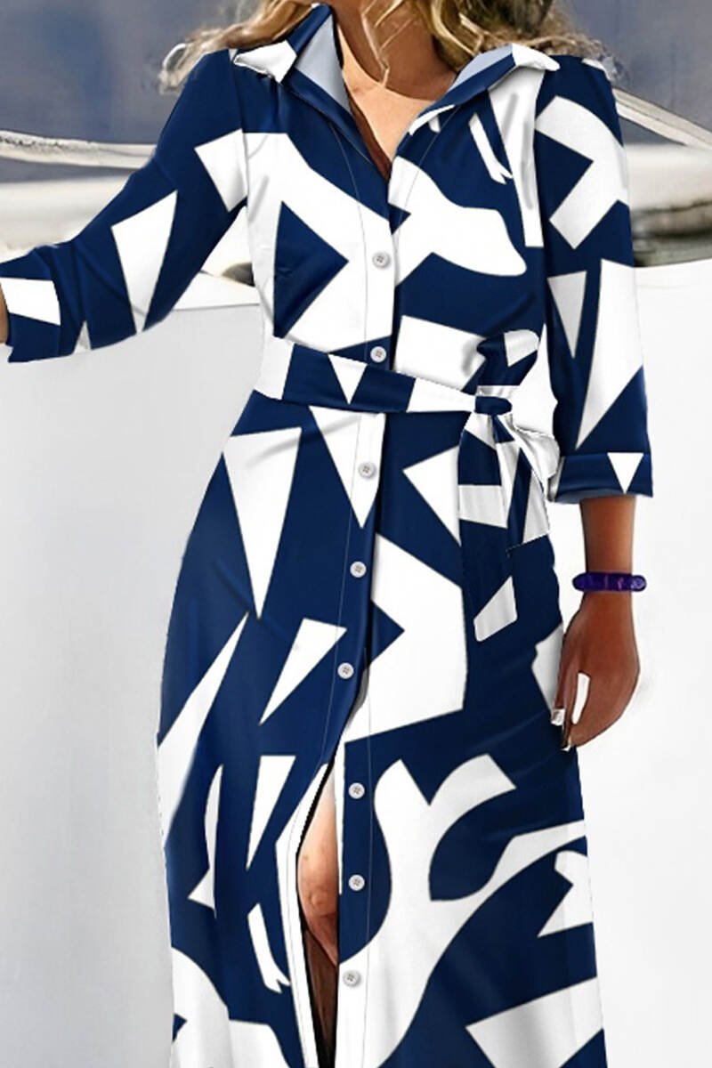 Tibetan Blue Elegant Plaid Geometric Striped Bandage Patchwork Buckle Printing Shirt Collar Printed Dress Dresses