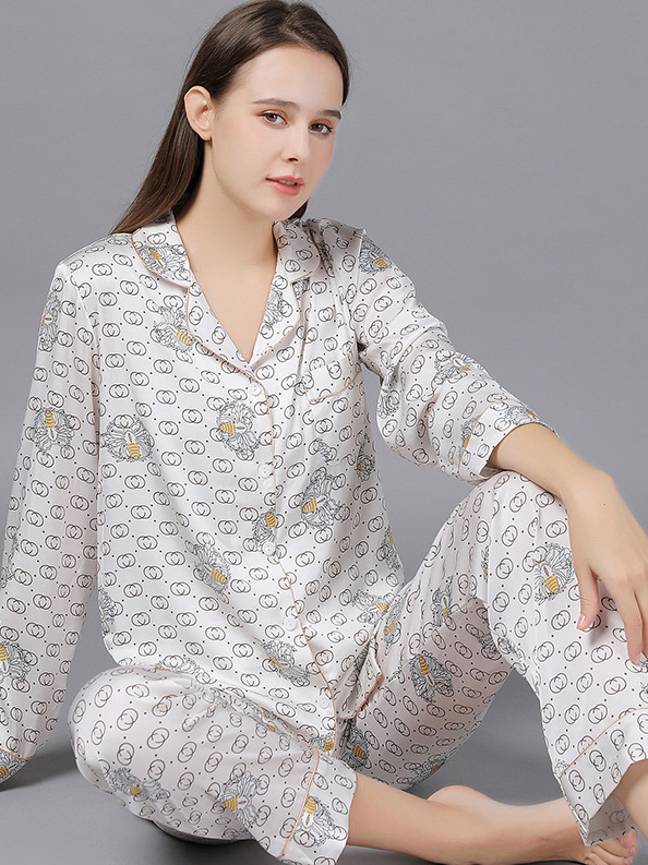 Regular Fit V Neck Animal Print Casual Long Sleeve Couple Pajama Set