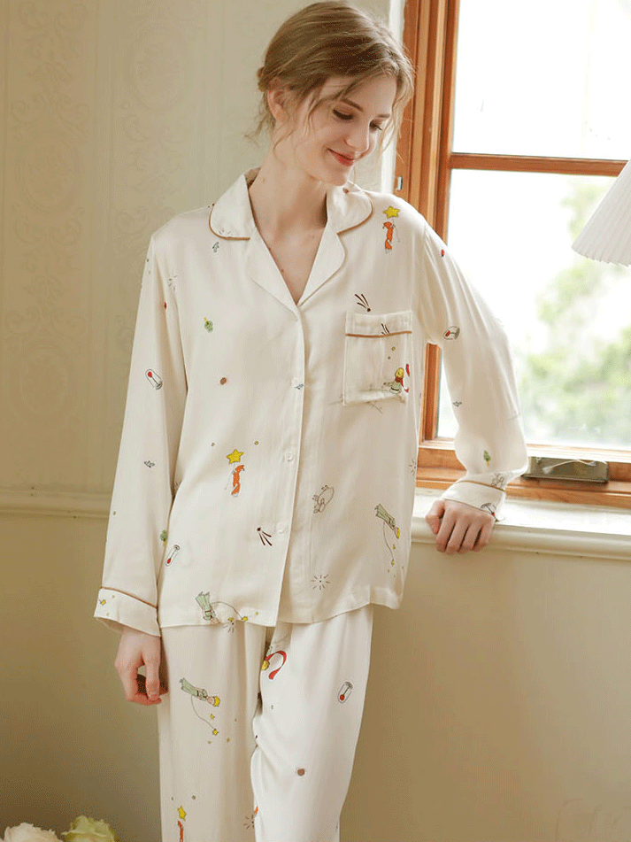 Shawl Collar Simple Star Regular Fit Long Sleeve Pajama Set