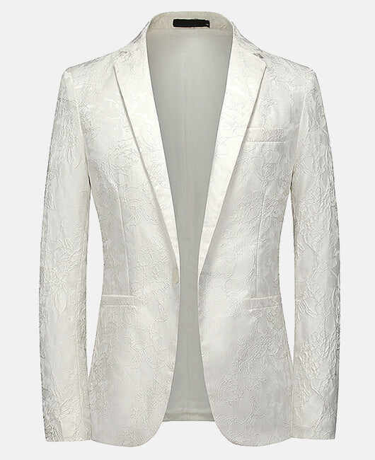 Glamorous White Jacquard Lapel Collar One Button Blazer