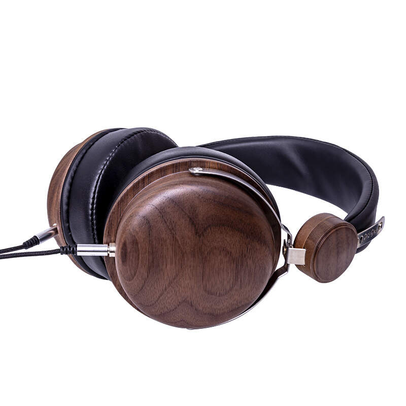 over ear headphones with black wood accents