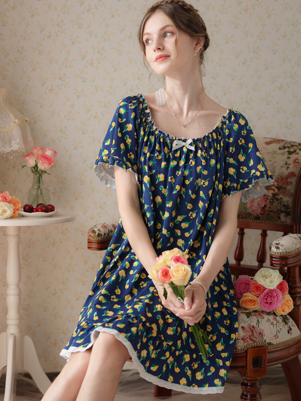 Simple Plain Cotton Floral Others Nightdress