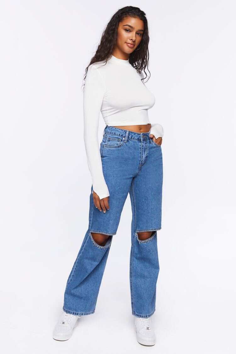 Women Apparel | Rhinestone Split-Knee 90s-Fit Jeans Light Denim Blue Forever21 - KE97553