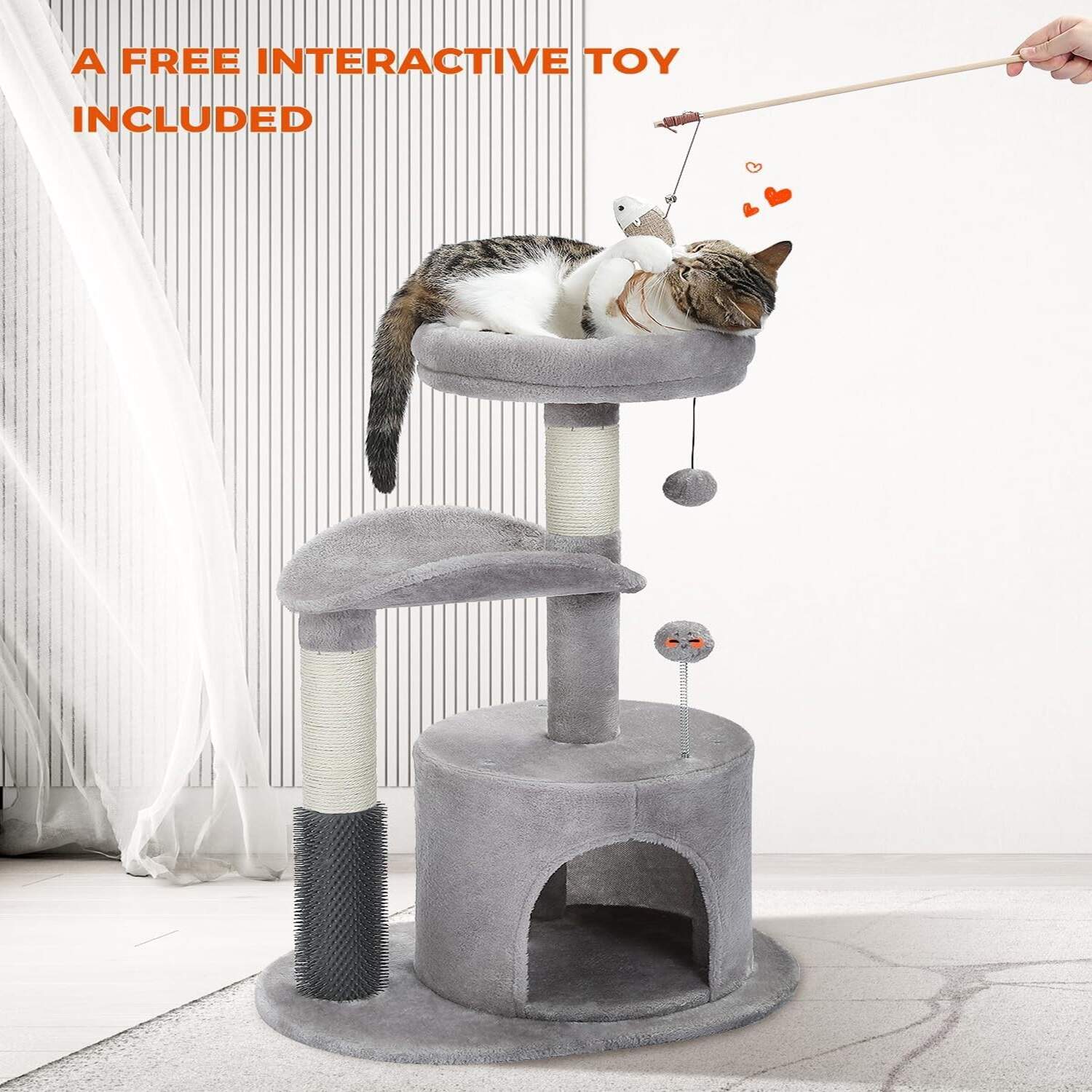 Indoor cat's kitten tree, medium-sized cat tower with interactive cat toys, 32.7-inch cat apartment with self grooming brush, natural cat catching pole, rocking ball for small and medium-sized cats