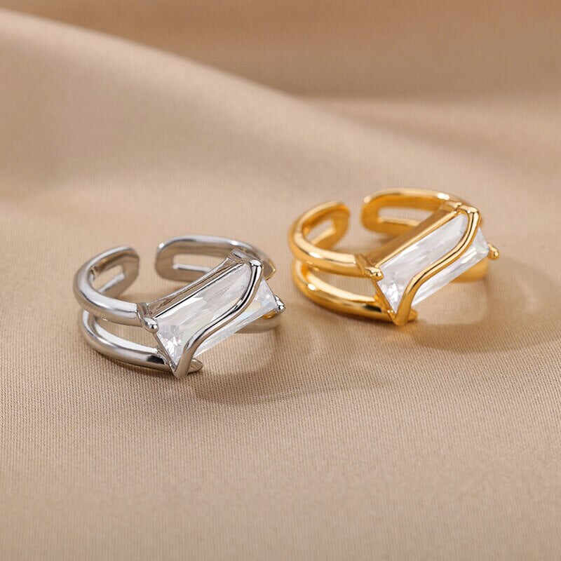 Rectangle Zircon Rings for Women Open Adjustable Stainless Steel Double Layers Finger Ring 2022 Trend Couple Wedding Jewelry BFF