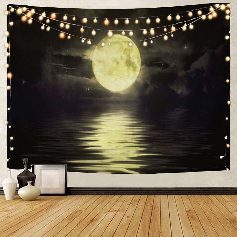 Moon Sea Sky Wall Tapestry Art Decor Landscape Full Night Ocean Cloud