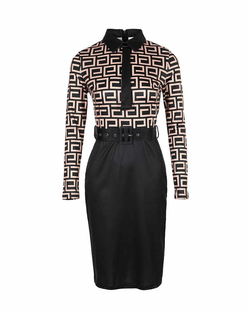 Geometric Print Long Sleeve Belted Work Dress