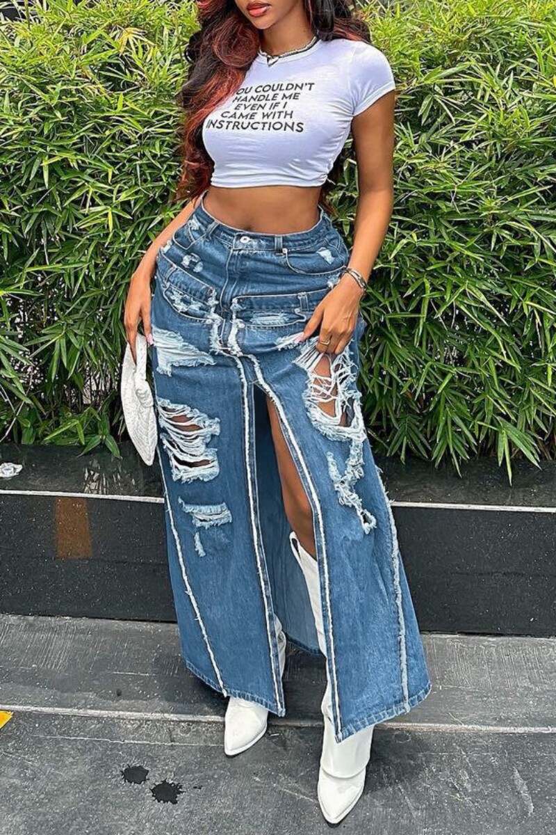 Blue Casual Solid Ripped Patchwork Slit High Waist Regular Denim Skirts