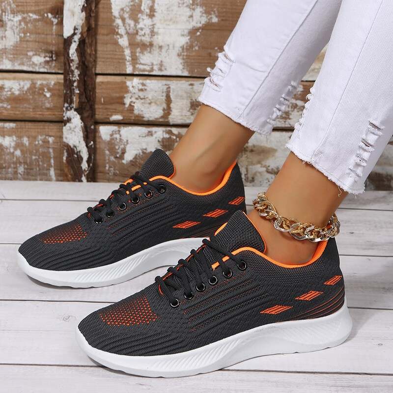 Women's Knit Net Surface Mesh Split Joint Fabric Flat Heel Sneakers