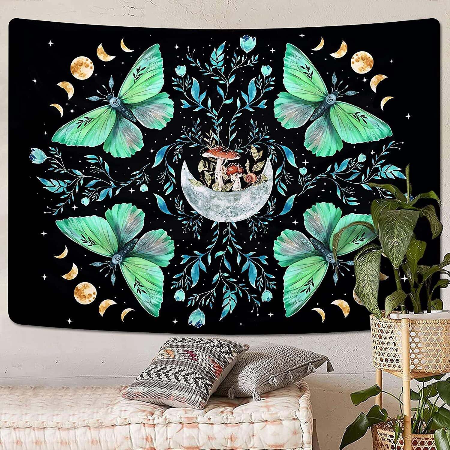 Trippy Wall Tapestry Psychedelic Moon Butterfly Art Decor