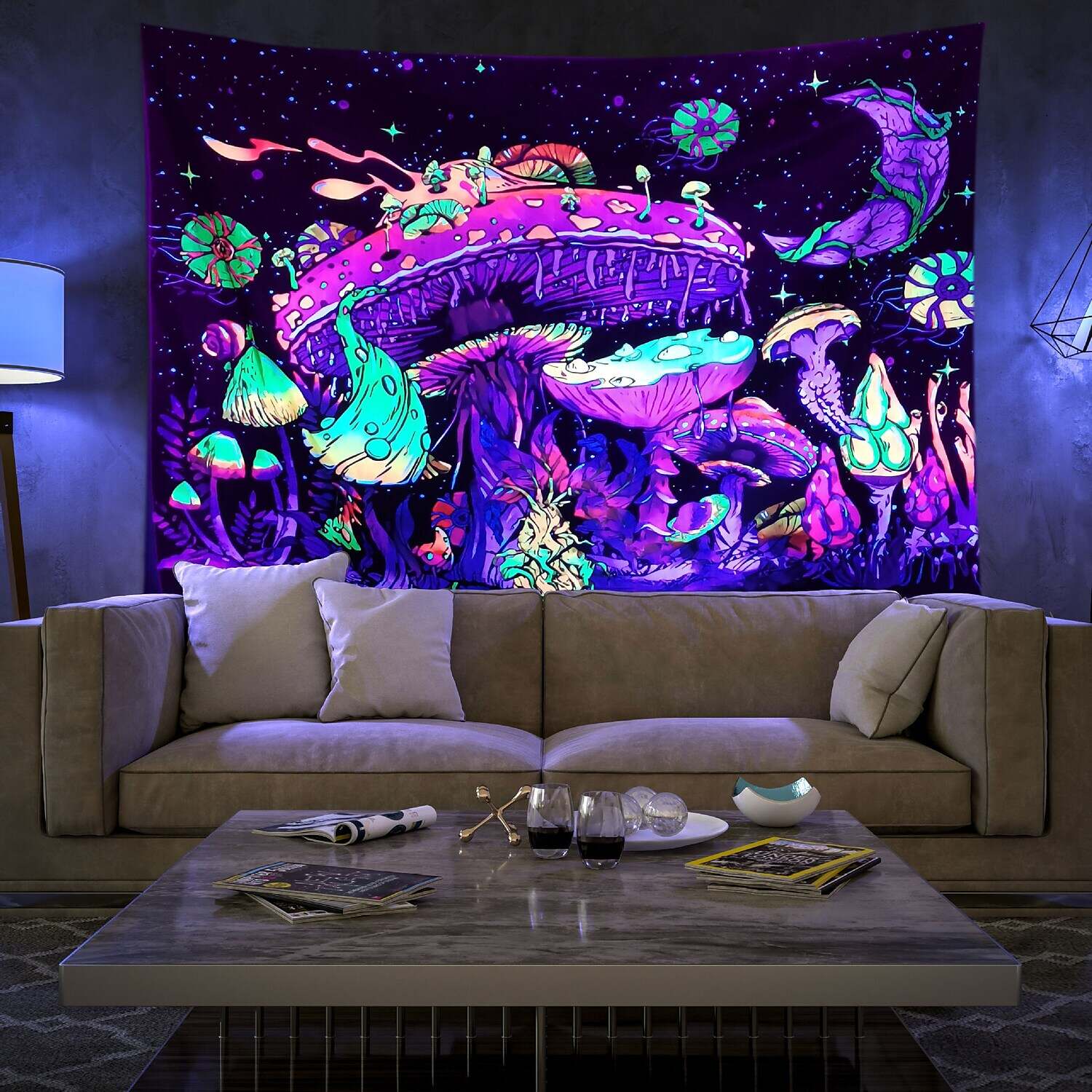 Blacklight UV Reactive Wall Tapestry Psychedelic Mushroom Room Background Decorative Cloth Hanging