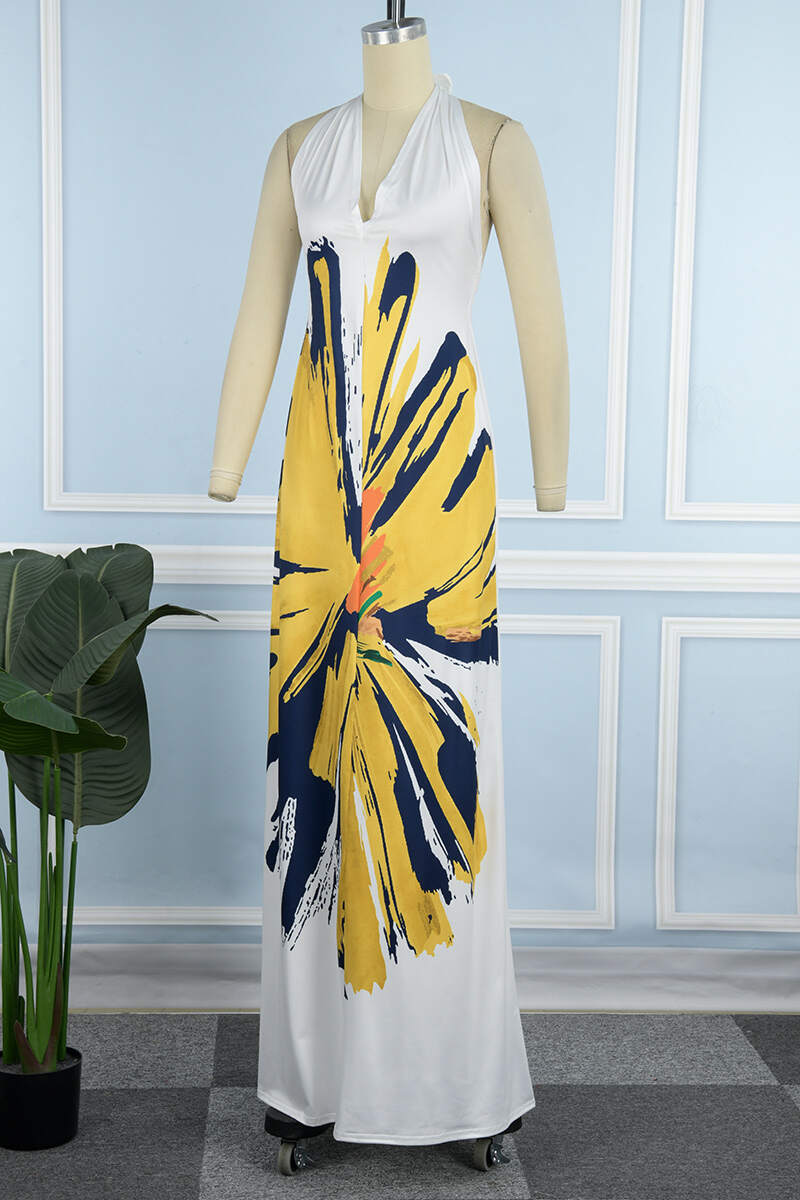 White Casual Print Bandage Backless Halter Long Dress Dresses