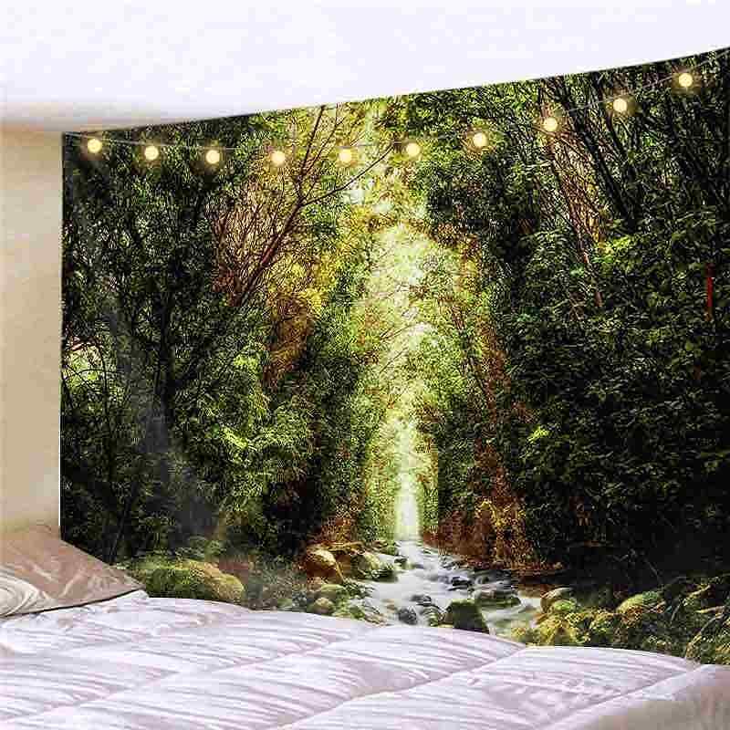 Landscape LED Lights Wall Tapestry Art Decor Forest Sunshine Waterfall Print