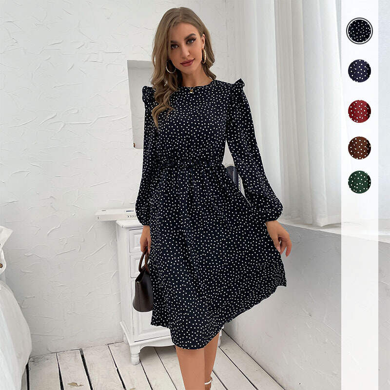 Ruffled polka-dot long sleeve dress for autumn and winter