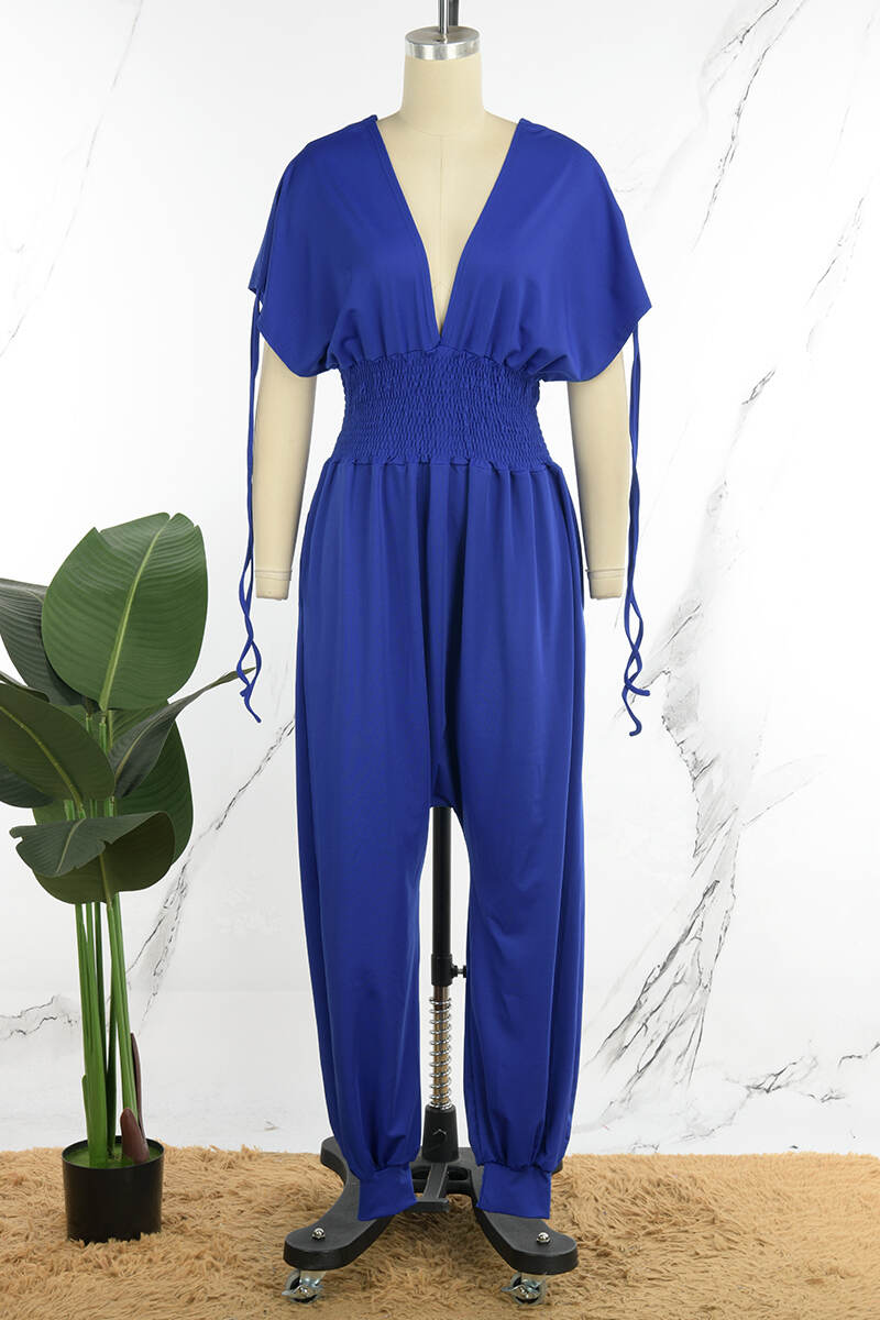 Blue Casual Solid Patchwork Draw String V Neck Loose Jumpsuits