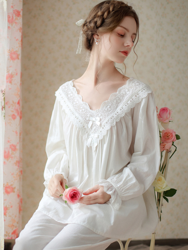 Elegant V Neck Loose Cotton Long Sleeve Pajama Set