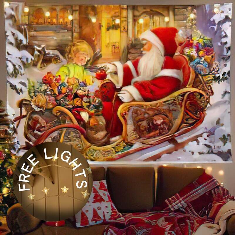 Christmas Decor LED Lights Wall Tapestry Fireplace Santa Claus Print