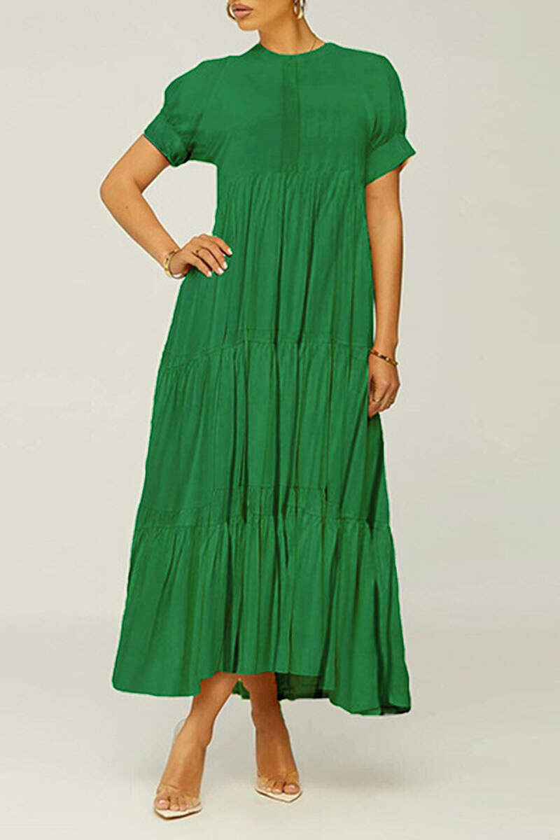 Green Casual Solid Patchwork Fold O Neck A Line Dresses