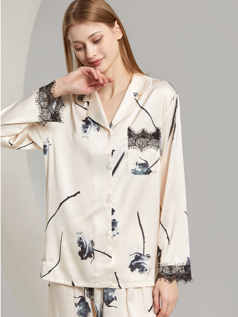 Floral Pattern Casual Loose V Neck Long Sleeve Pajama Set