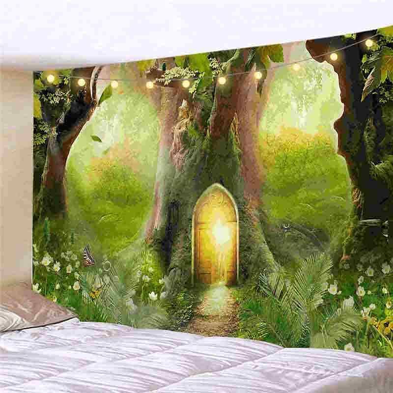 Landscape LED Lights Wall Tapestry Art Decor Forest Tree Print