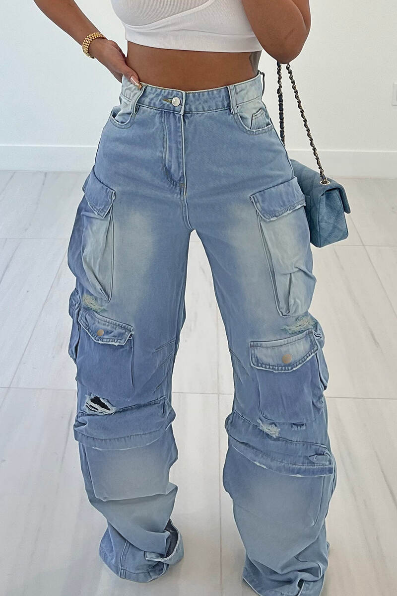 Light Blue Street Solid Ripped Patchwork Pocket Buttons Zipper Mid Waist Straight Denim Jeans