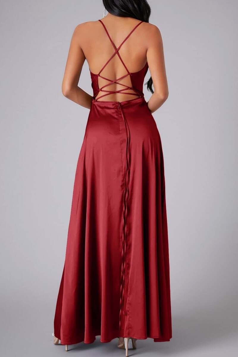 Red Sexy Casual Solid Backless Cross Straps Slit Spaghetti Strap Long Dress Dresses