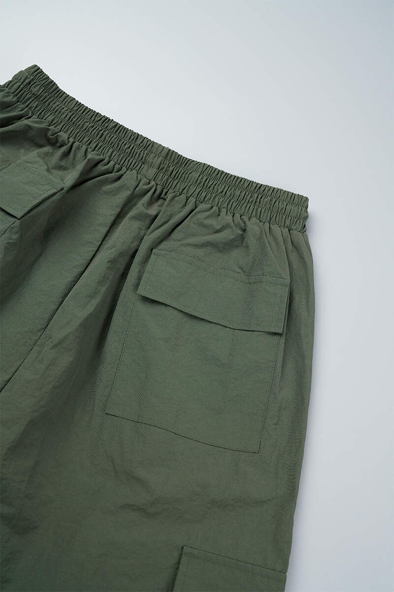 Army Green Street Solid Patchwork Draw String Pocket Straight Low Waist Straight Solid Color Bottoms