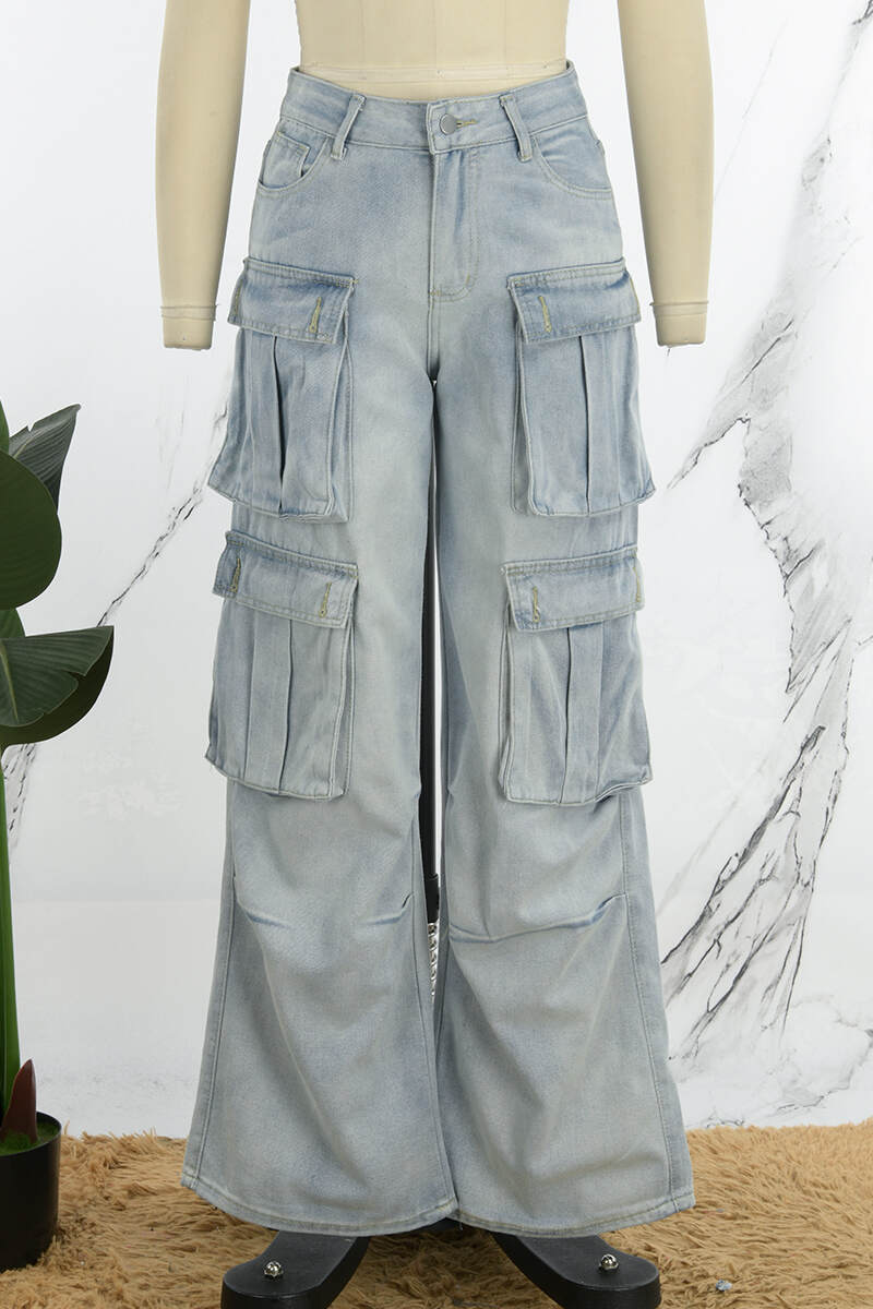 Blue Casual Solid Patchwork High Waist Regular Denim Jeans