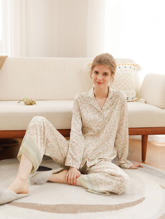 Loose V Neck Casual Floral Long Sleeve Pajama Set