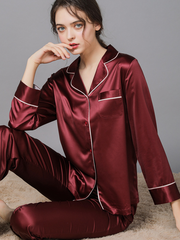 Ice Silk Plain Shawl Collar Casual Long Sleeve Couple Pajama Set