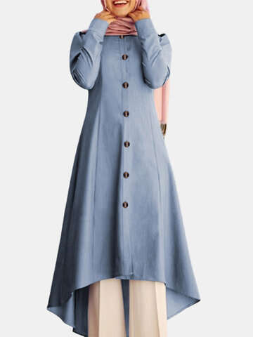 Women Casual Dresses | Solid Color Button Curved Hem Casual Muslim Dress for Women - OT93205