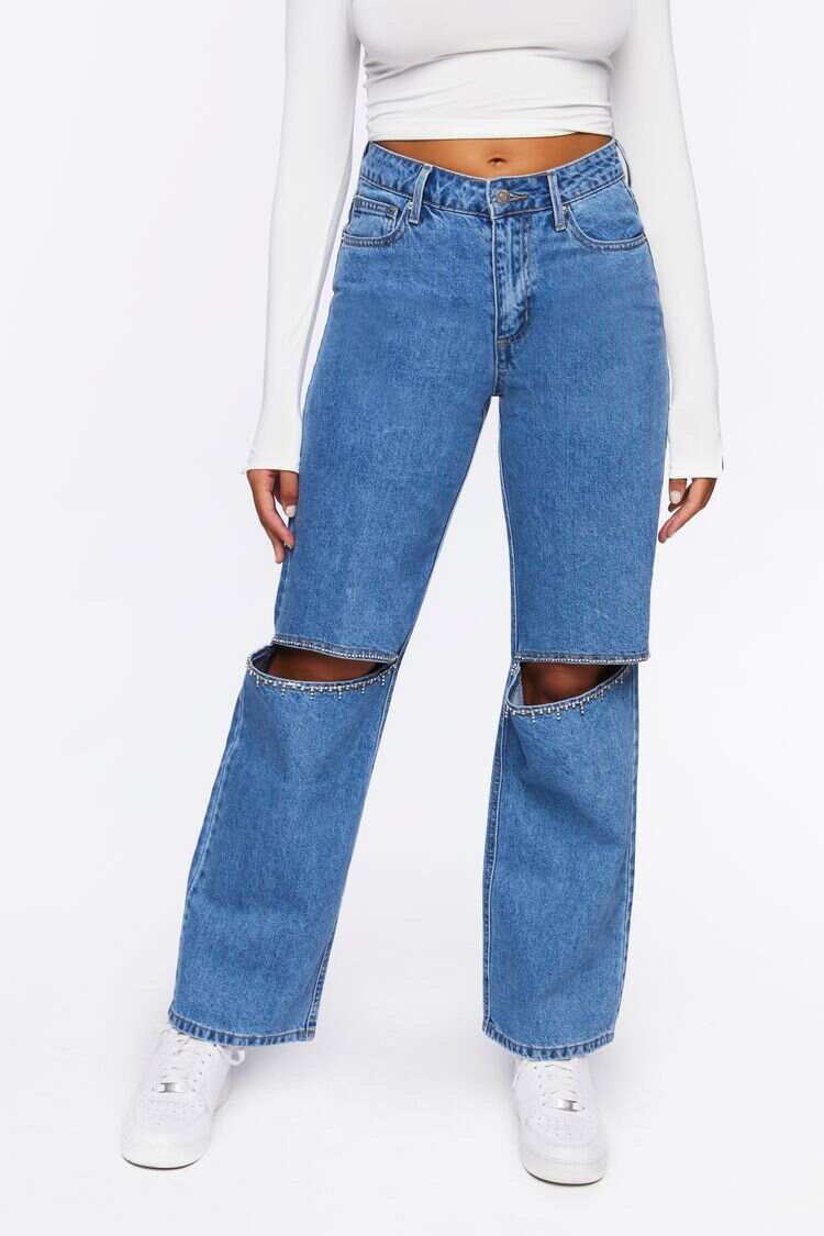 Women Apparel | Rhinestone Split-Knee 90s-Fit Jeans Light Denim Blue Forever21 - KE97553