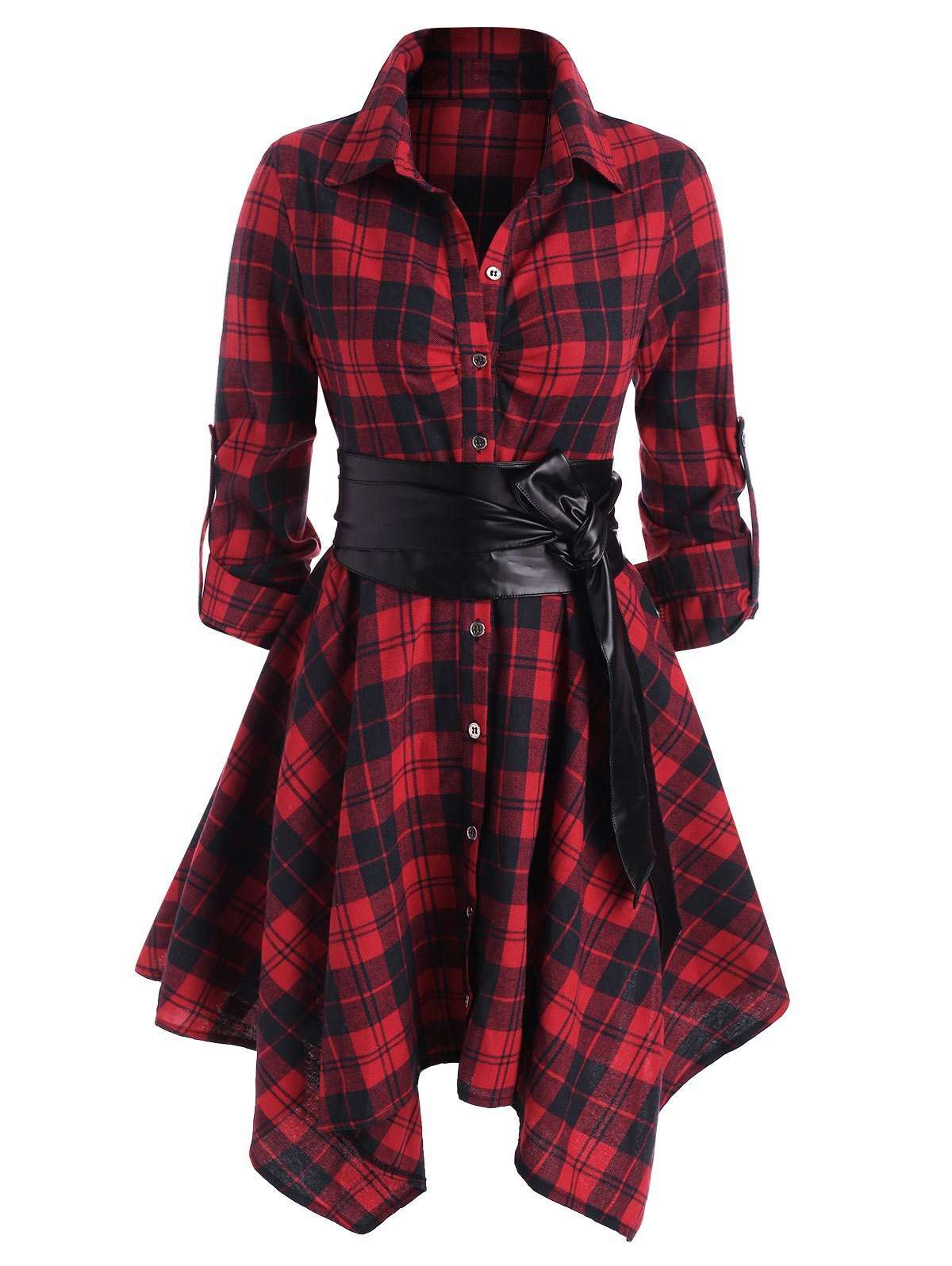 Plaid Belted Roll Tab Sleeve Handkerchief Dress