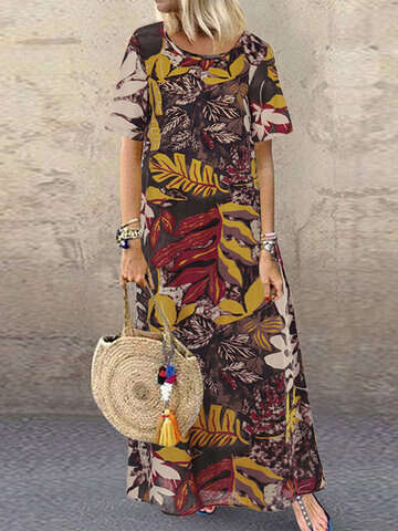 Women Other | Vintage Floral Print Short Sleeve Plus Size Maxi Dress with Pockets - VD93070